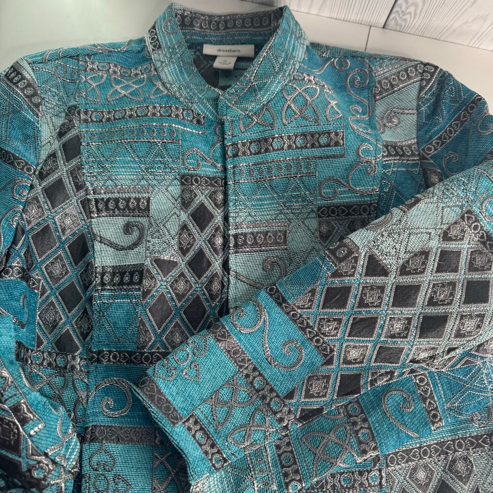 Vintage Dressbarn Womens Tapestry Blazer Jacket Sz XL Teal Art to Wear Full Zip